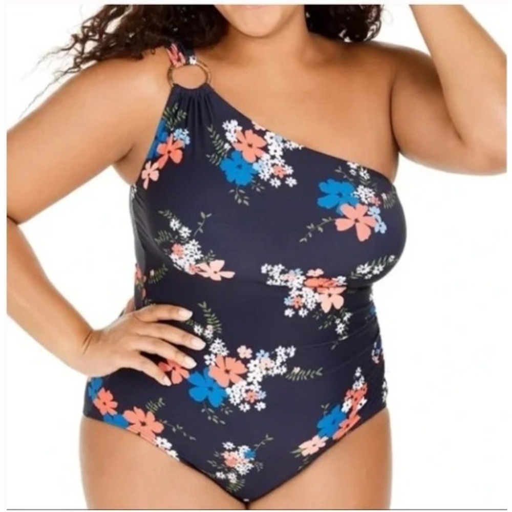 Michael Kors Womens Navy Floral One Shoulder Swimsuit 18W Plus Nautical Resort